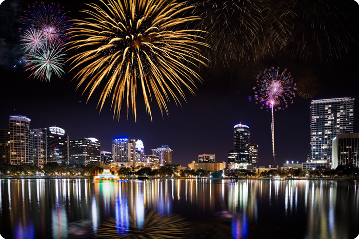 Orlando, Florida at night with fireworks.